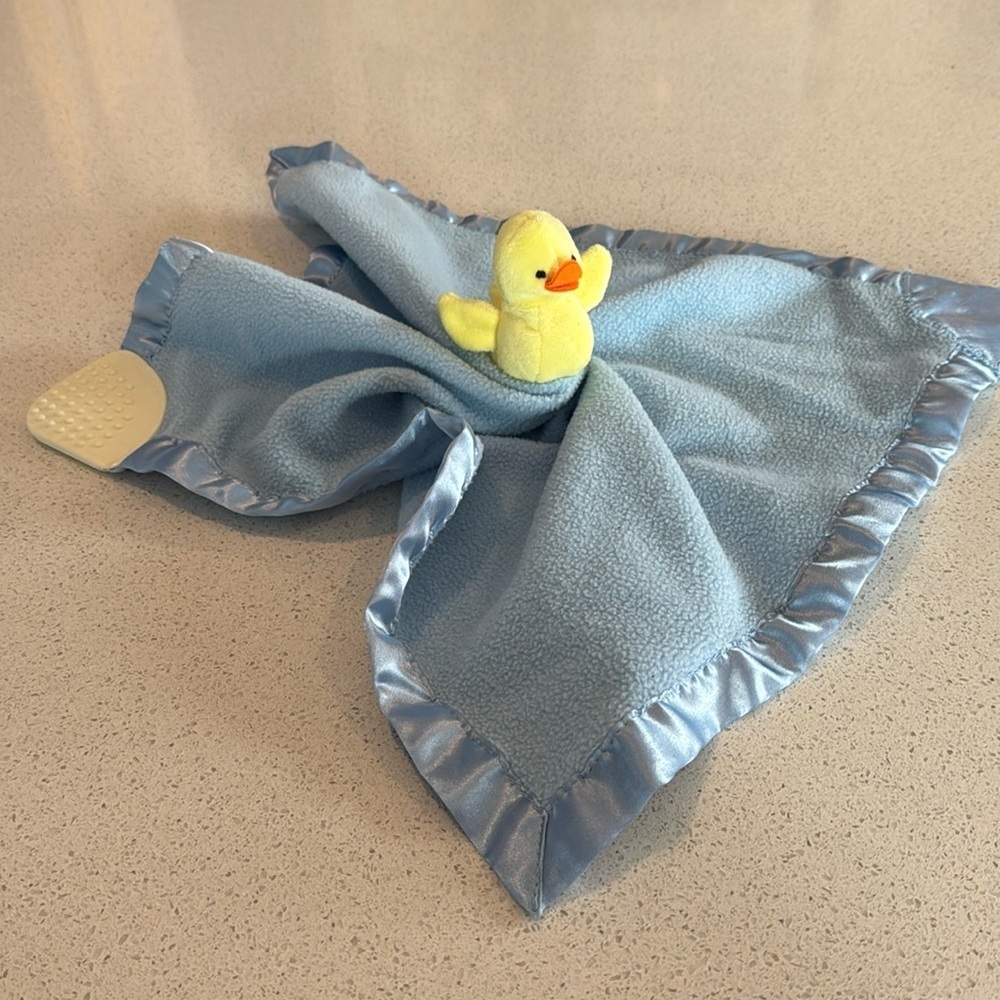 Rare Vintage Lovey yellow duck Blue Baby Blanket teether, rattle, crinkle toy